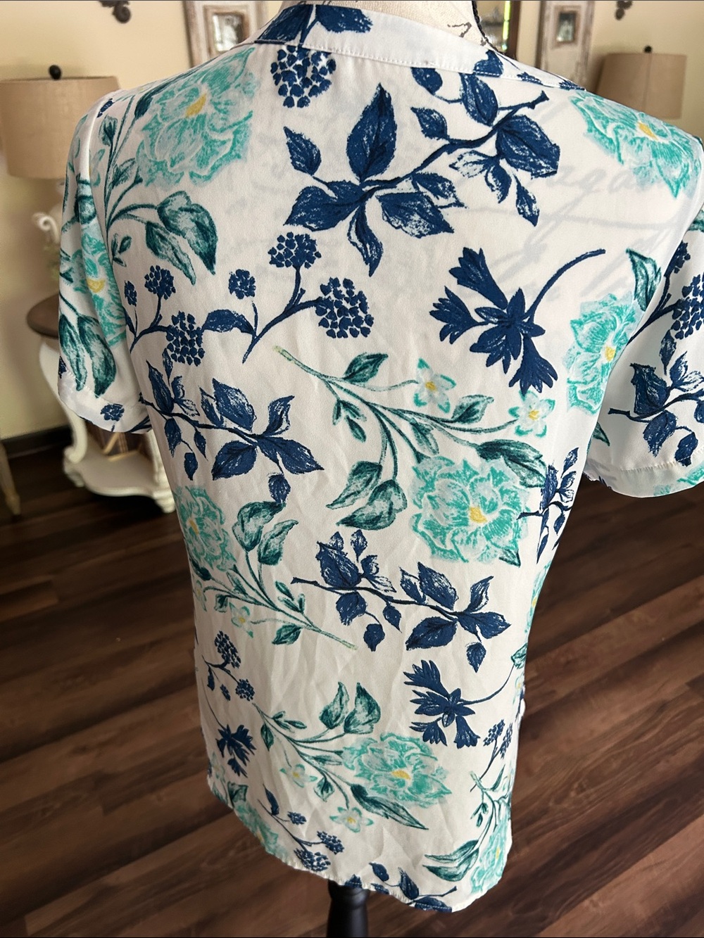 Floral Panel Short Sleeve Top White Teal & Blue Medium - Picture 7 of 7